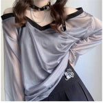 Haut gris translucide femmes bandes noires moderne cou fendu printemps été polyesters transparent
