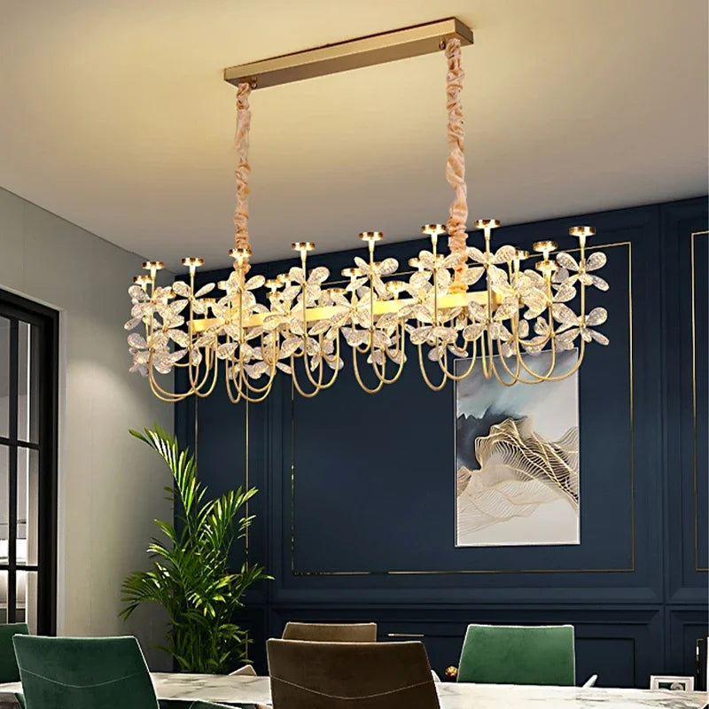 lustre or cristal transparent fleurs classique suspension chaines led moderne