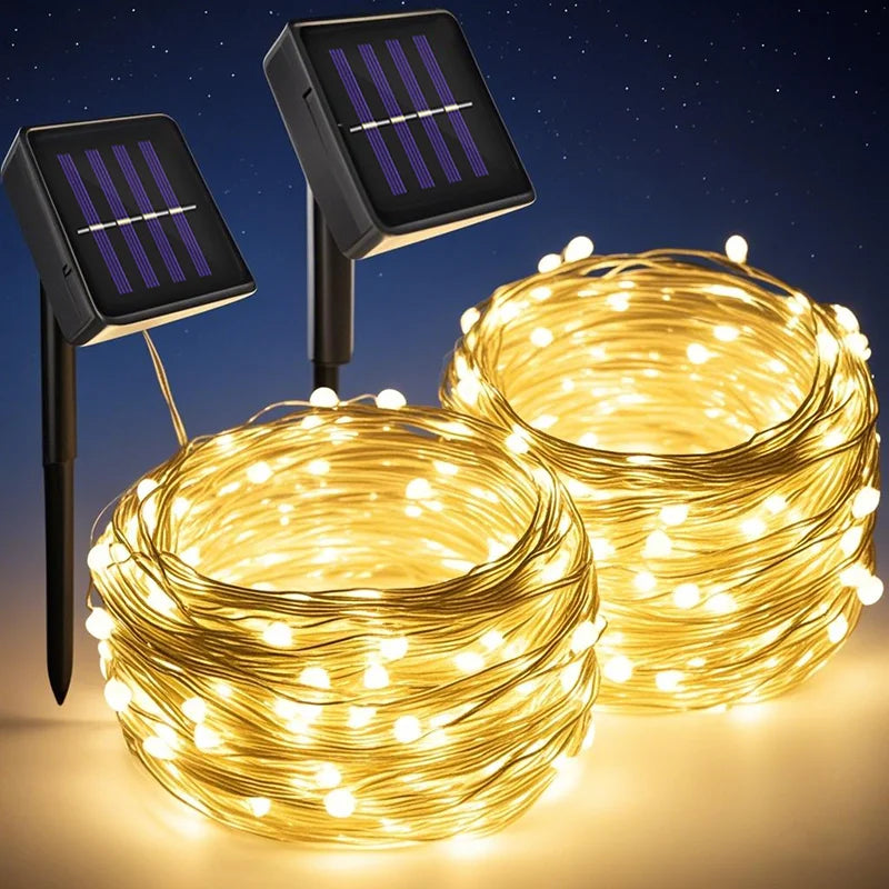 guirlande lumineuse solaire extérieur blanc chaud fil cuivre led jardin terrasse décoration nuit étanche