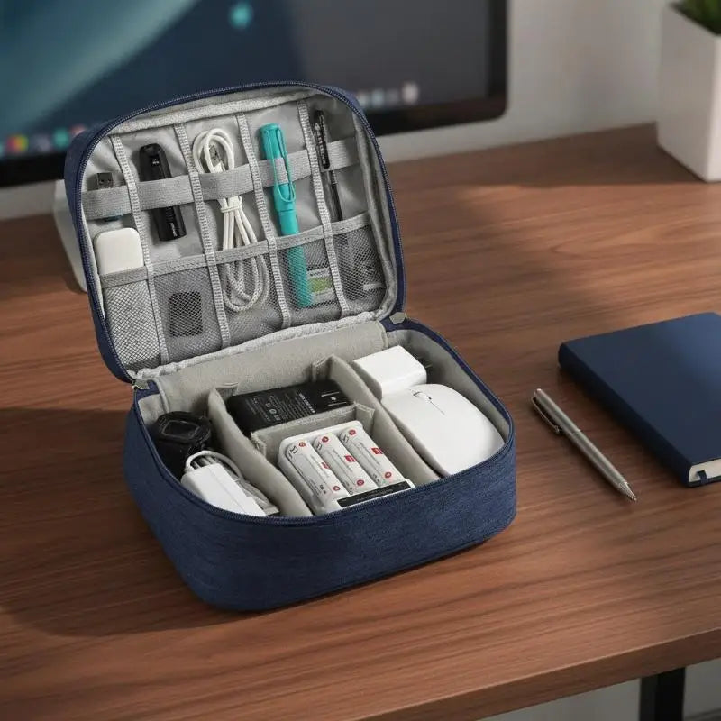 Sac rangement toile coton bleu marine portable poignée amovible accessoires technologiques modernes pratique