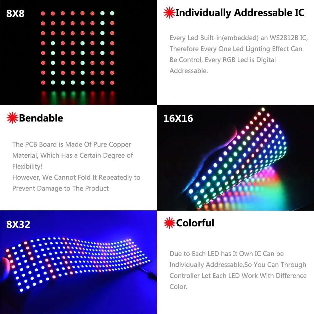 matrice led 8x8 16x16 8x32 multicolore ws2812 rgb flexible moderne grille points lumineux