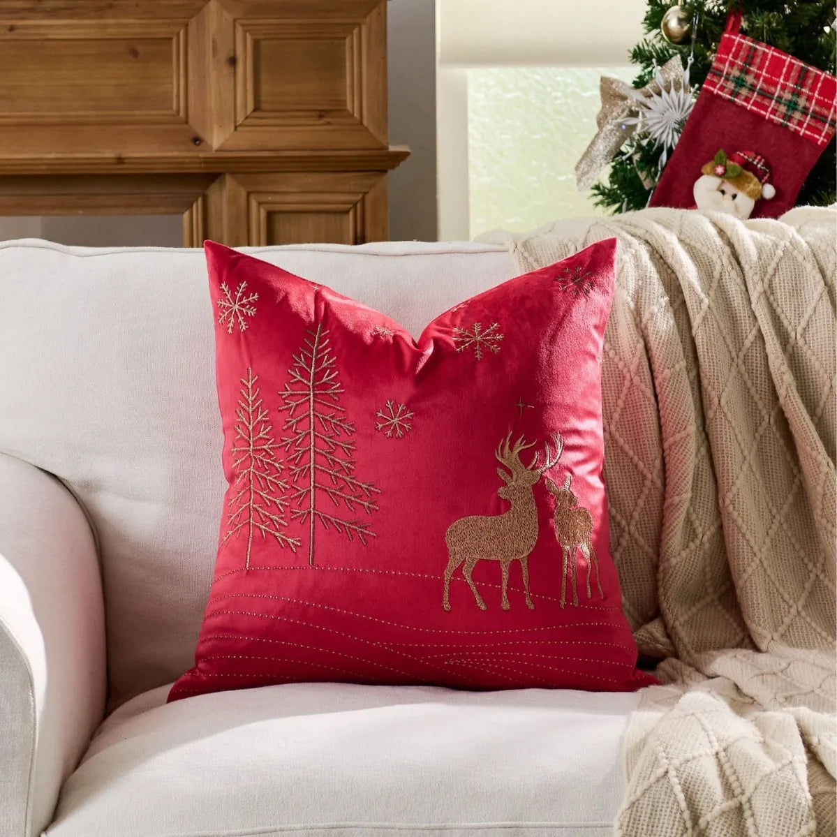 housse coussin brodée rennes noël traditionnelle décorative coton polyester gris beige vert bleu rouge