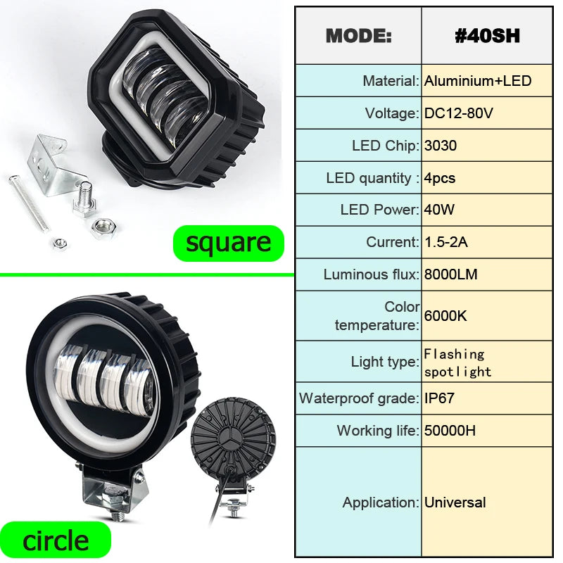 projecteurs led travail 40w ip67 jaune blanc noir modernes robustes
