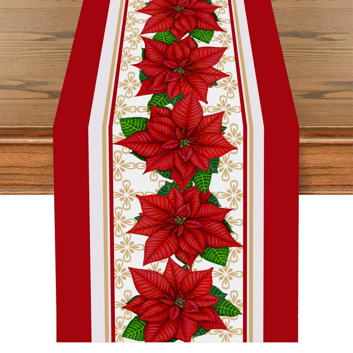 tableau table noël motifs arbres flocons guirlandes rouge blanc vert or traditionnel festive decoration
