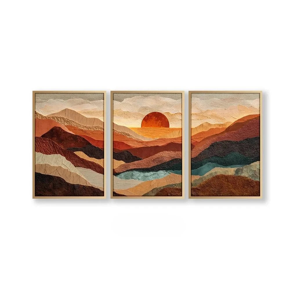 tableaux modernes abstraits paysage montagneux coucher soleil couleur orange brun beige bleu noir sans