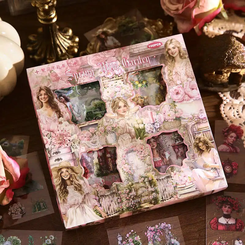 sticker floral vintage romantique rose beige jaune vert rouge blancscrição