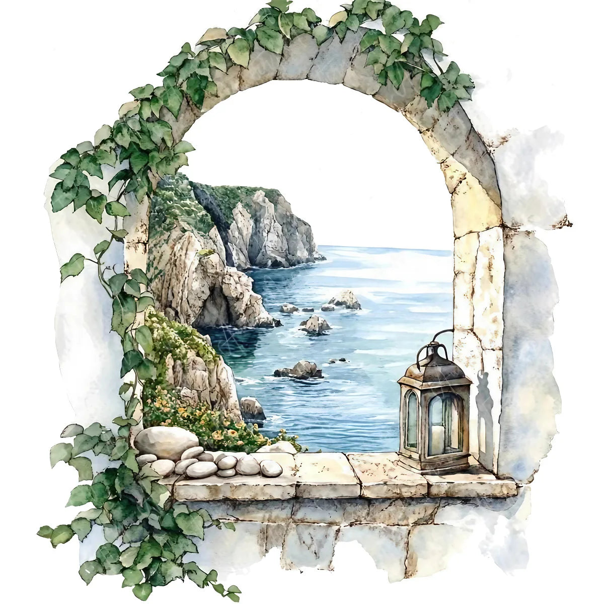 sticker mural paysage marin lanterne végétation grimpante adhésif salon chambre coucher vert blanc gris