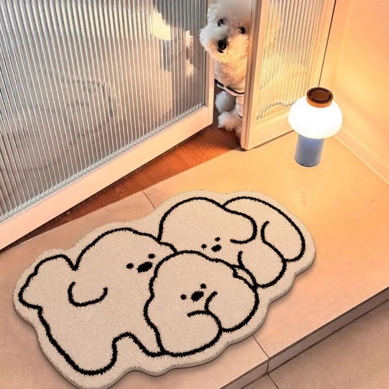 tapis moderne trois chiots dessin animé beige clair noir antidérapant polyester résistant salon chambre