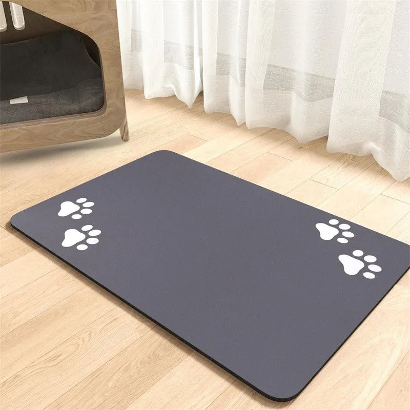 tapis nourriture animal gris imprimé pattes blanches moderne anti scratch rapide séchage super absorbant