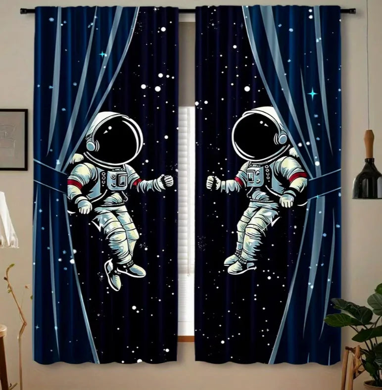 rideaux astronaute motif étoiles bleu noir gris décoration chambre salon fantaisiste opaques tringle métalliques