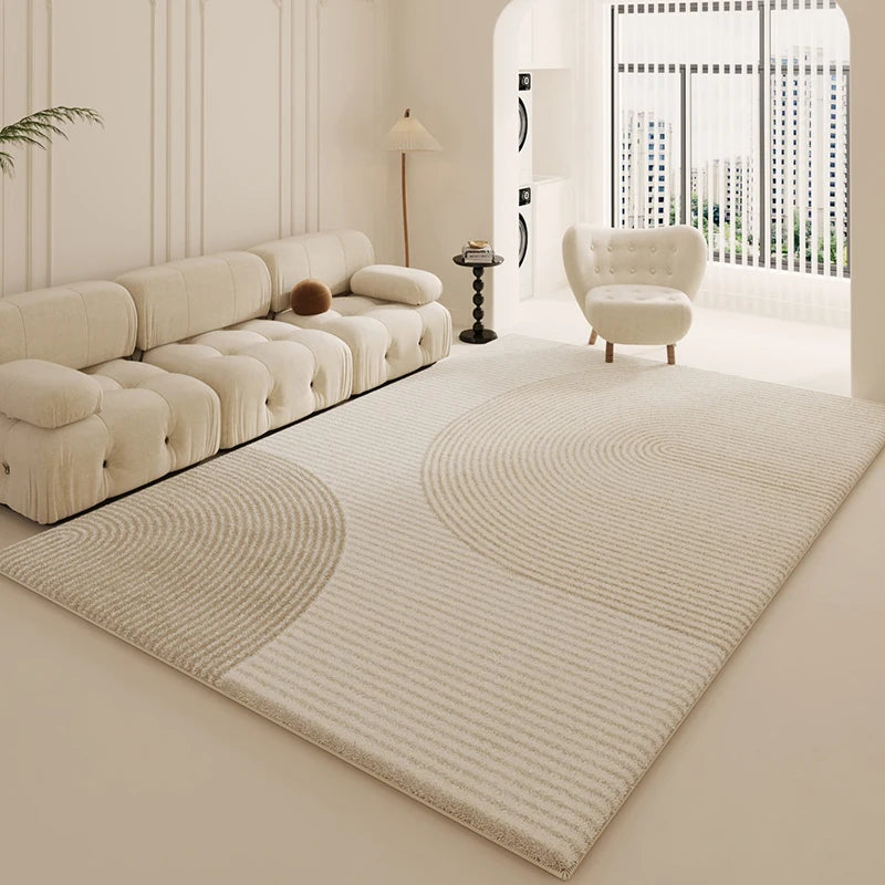 tapis moderne rayures horizontales spirales concentriques beige clair feutre polyester antidérapant salon chambre coucher