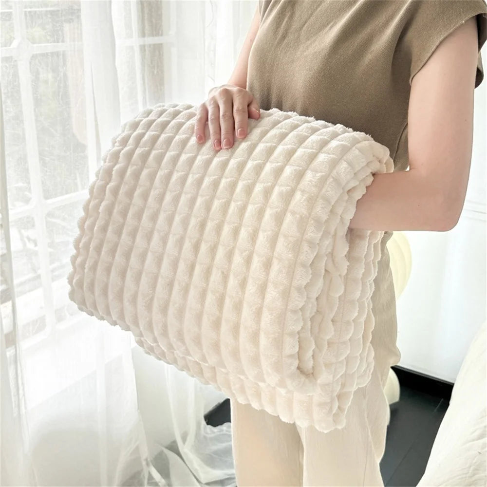 couverture polaire rayée beige bleu marine rose douce hiver adulte maison opacité confortable