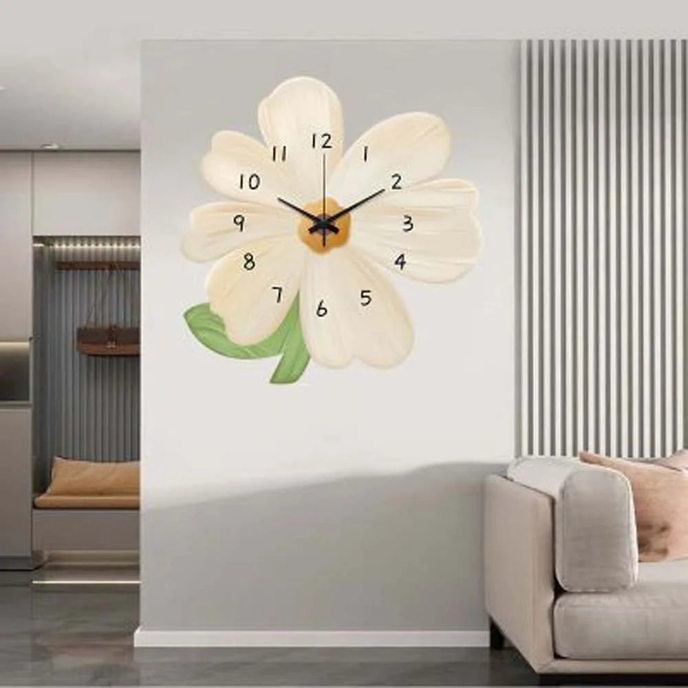 horloge murale fleur décorative moderne orange verte blanche imitation bois champêtre