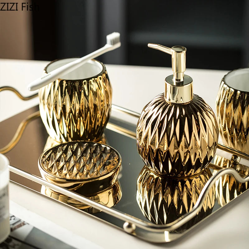 ensemble bain moderne or noir blanc distributeur savon tasse plateau élégant