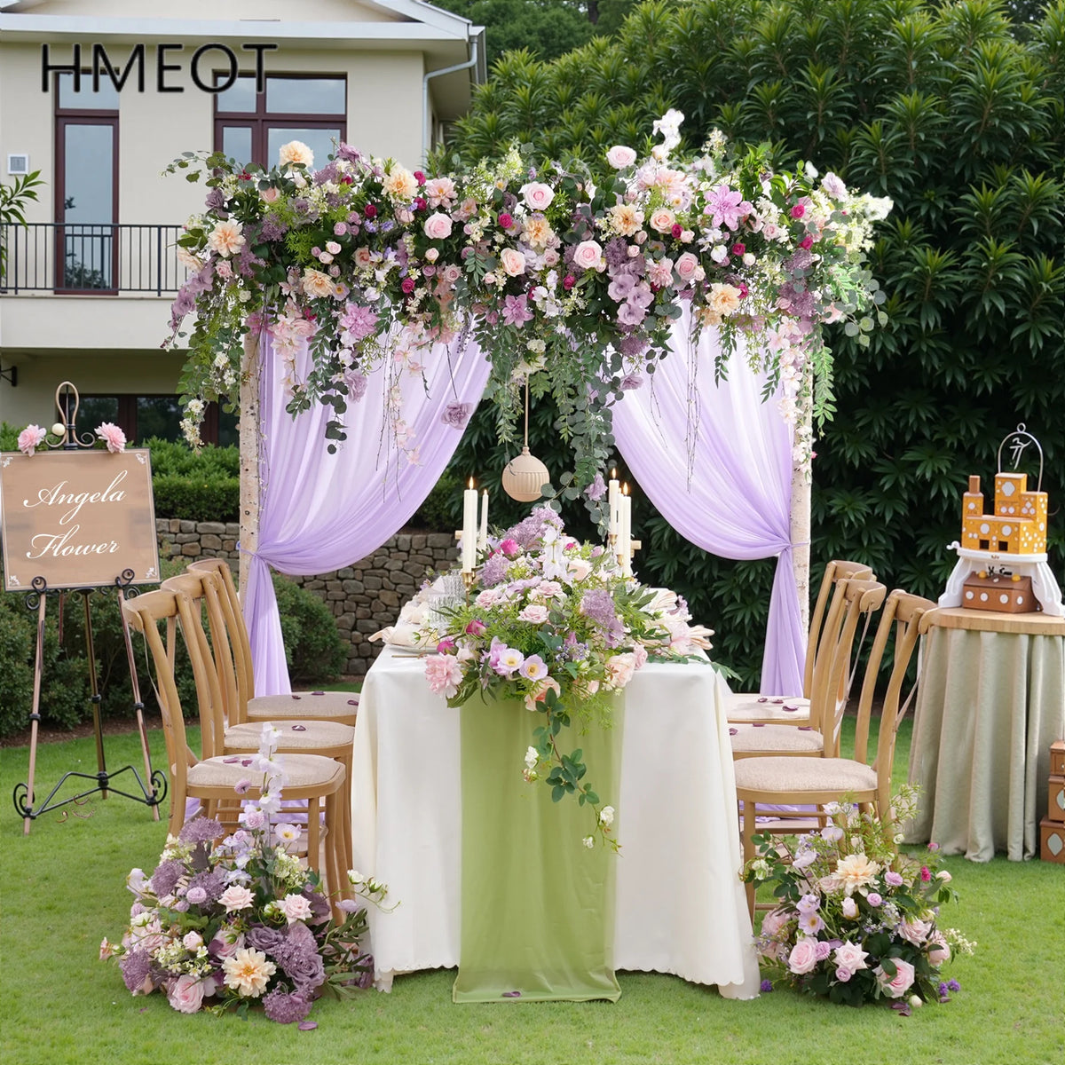 arche décorative mariage violet clair fleurs artificielles romantique roses dahlias eucalyptus guirlande bouquet