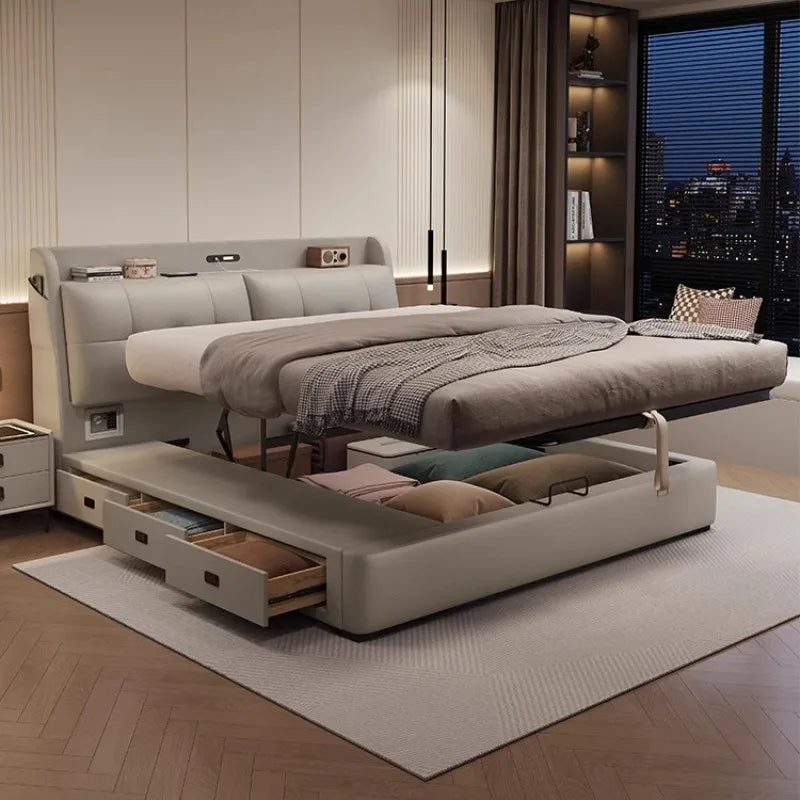 lit double moderne gris clair bois simili cuir tiroirs rangement tablette