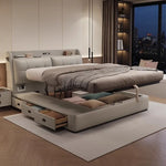 lit double moderne gris clair bois simili cuir tiroirs rangement tablette