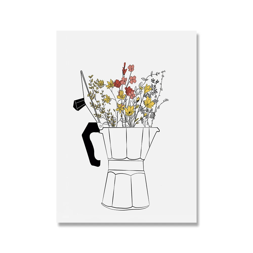 affiches art minimaliste moderne fleurs tasse salon cuisine décoration maison blanc noir