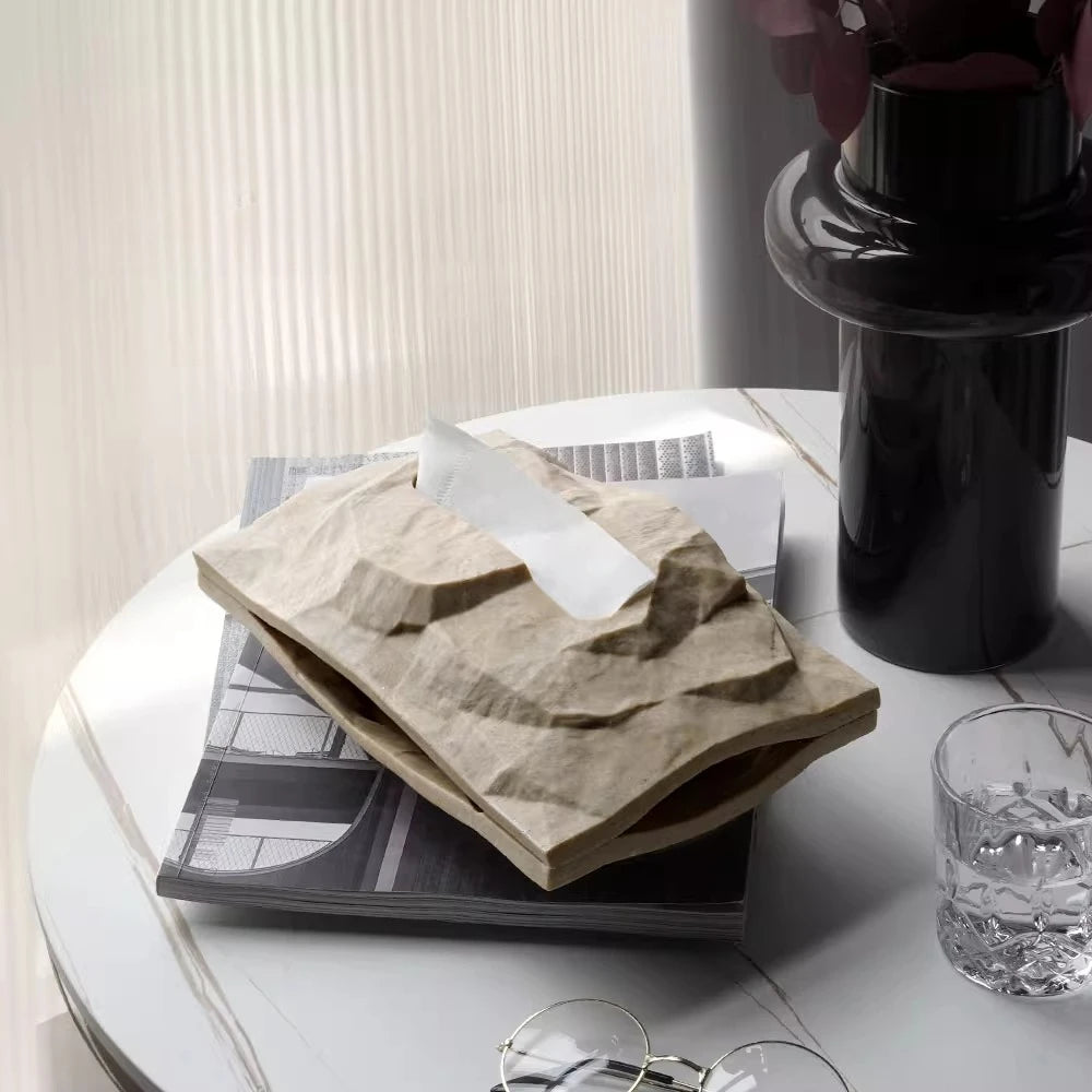 boîte mouchoirs résine moderne gris beige papier froissé minimaliste chambre