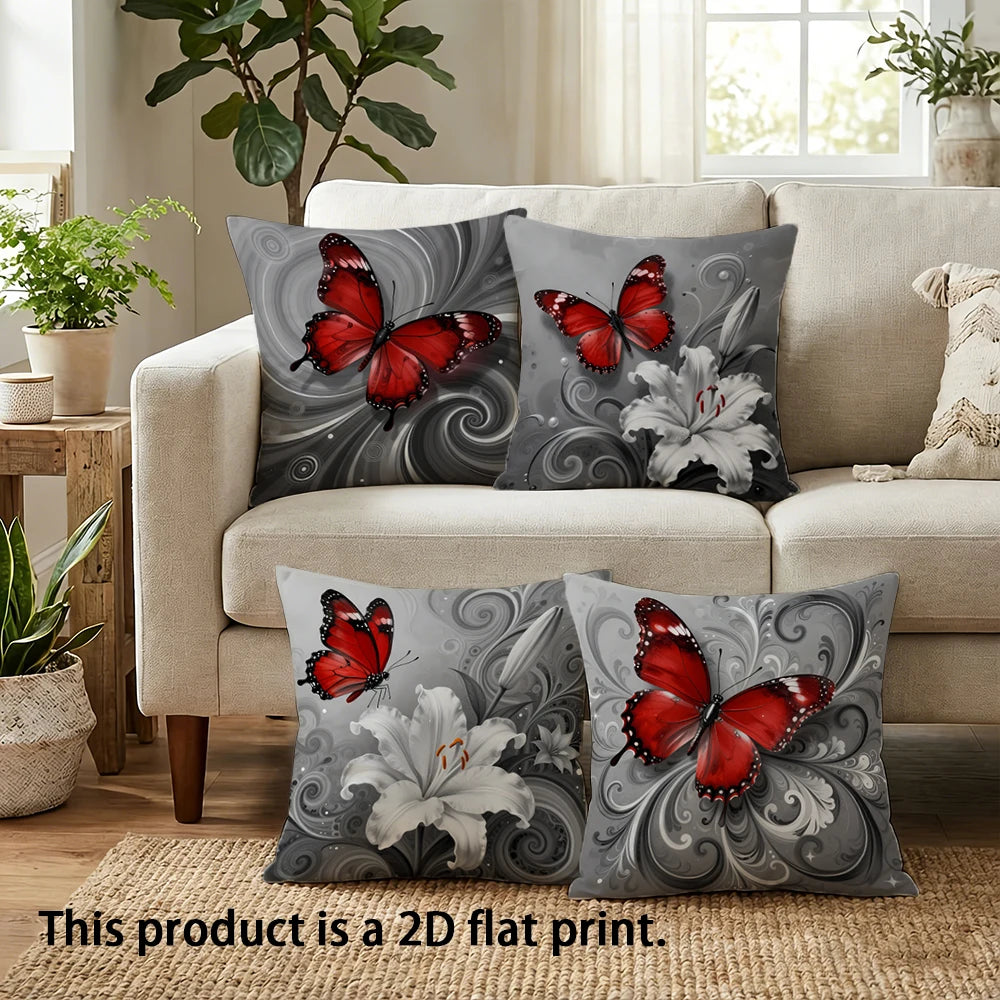 taies d'oreiller imprimées papillons fleurs rouge gris lit maison hospitalière polyester peachskin decoration chambre