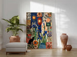 tableau floral patchwork lanternes géométrique moderne bleu vert orange noir blanc