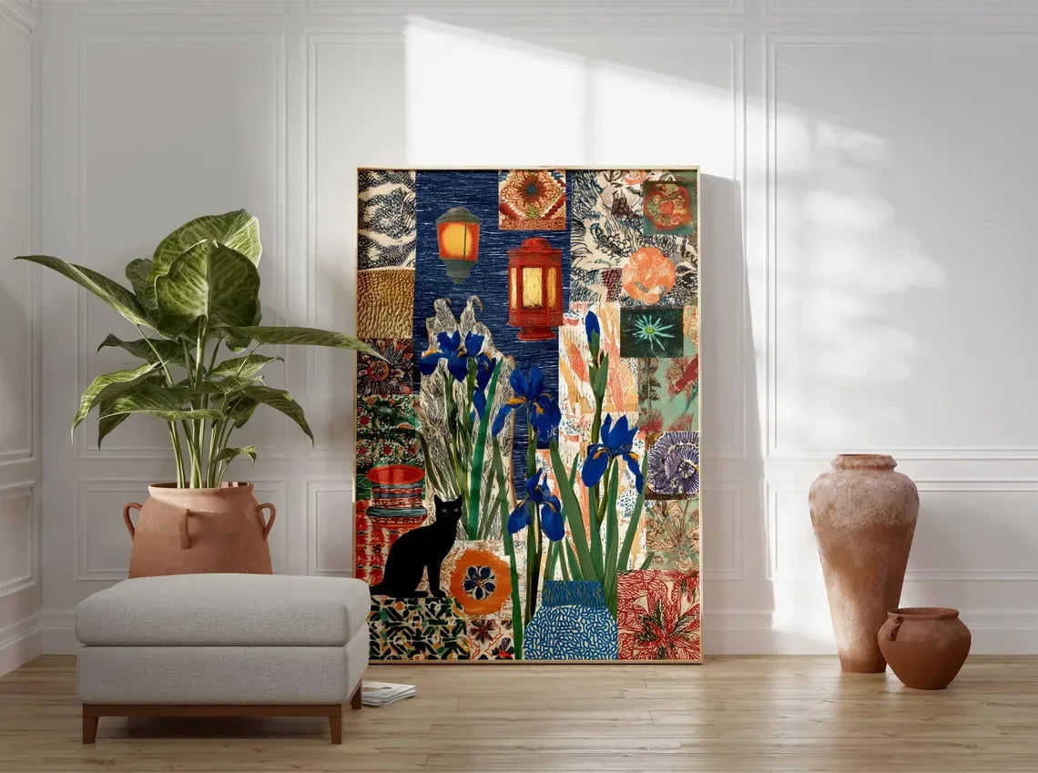 tableau floral patchwork lanternes géométrique moderne bleu vert orange noir blanc