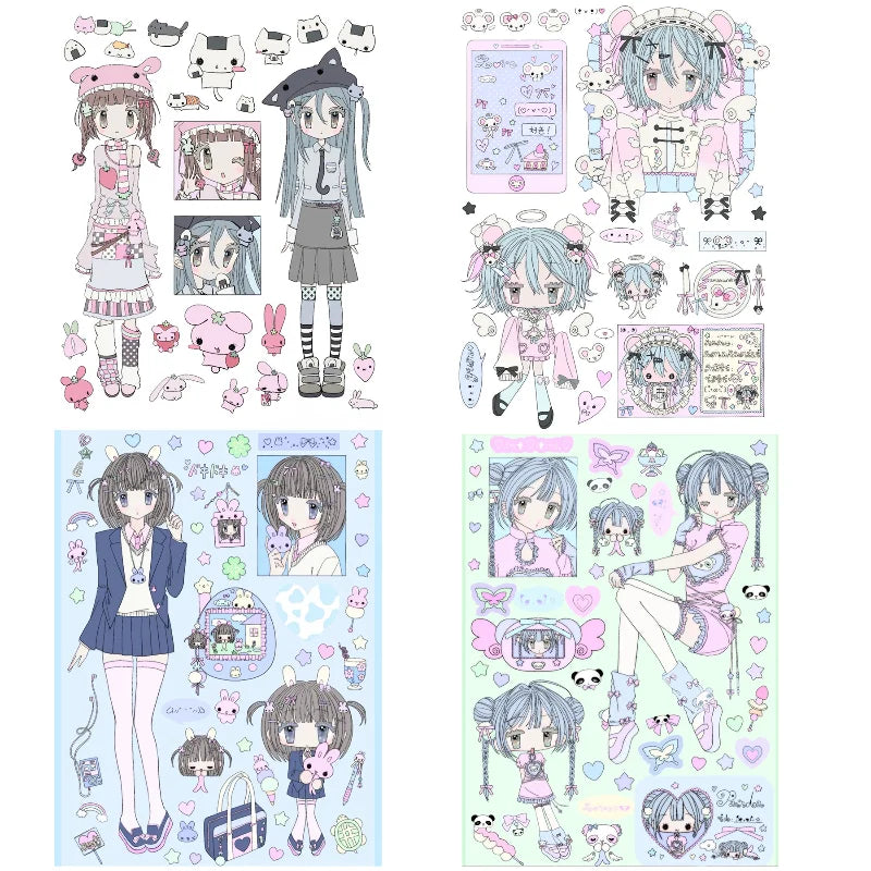stickers kawaii personnages mignons chats coeurs papillons panda floral rose gris blanc bleu vert