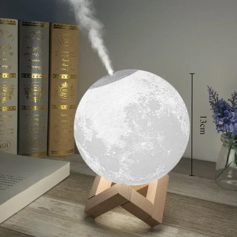 lampe lune moderne décoration chambre bois cratères texturée LED blanc orangé