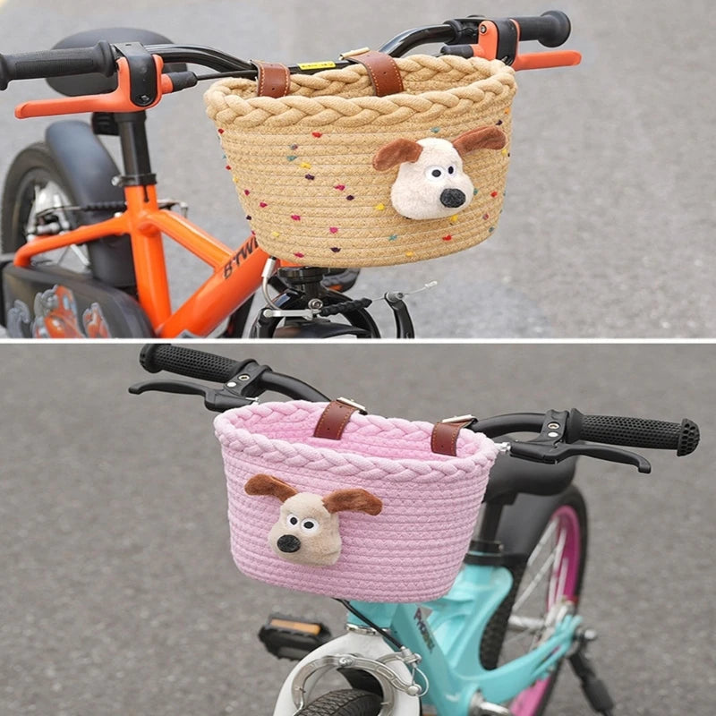 panier vélo enfant tissé beige rose points créatif clips chien