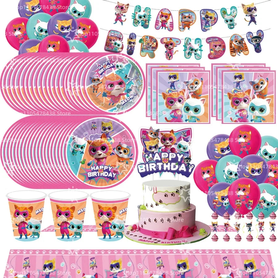 accessoires fête dessins animés chats mignons assiettes serviettes gobelets bannière décoration gâteau ruban table