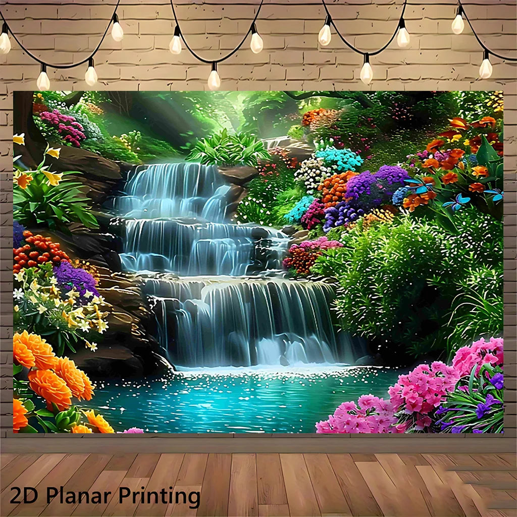 affiche murale cascade fleurs verte bleue opaque multicolore naturelle grande taille salon événements