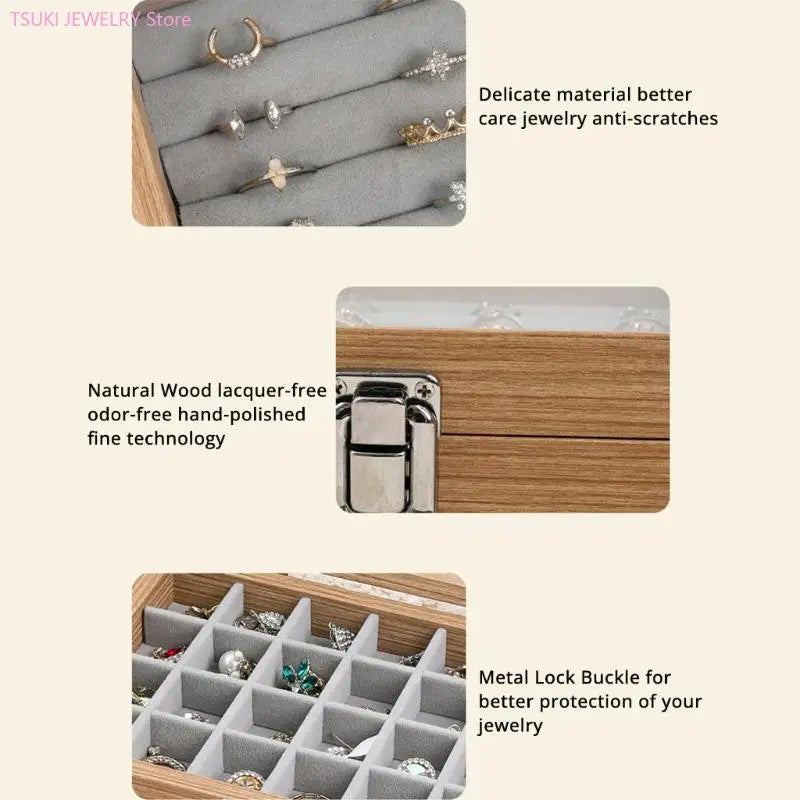boîte bijoux bois naturel moderne cadenas 20cm 15cm 15cm rangement bagues boucles d'oreilles gris