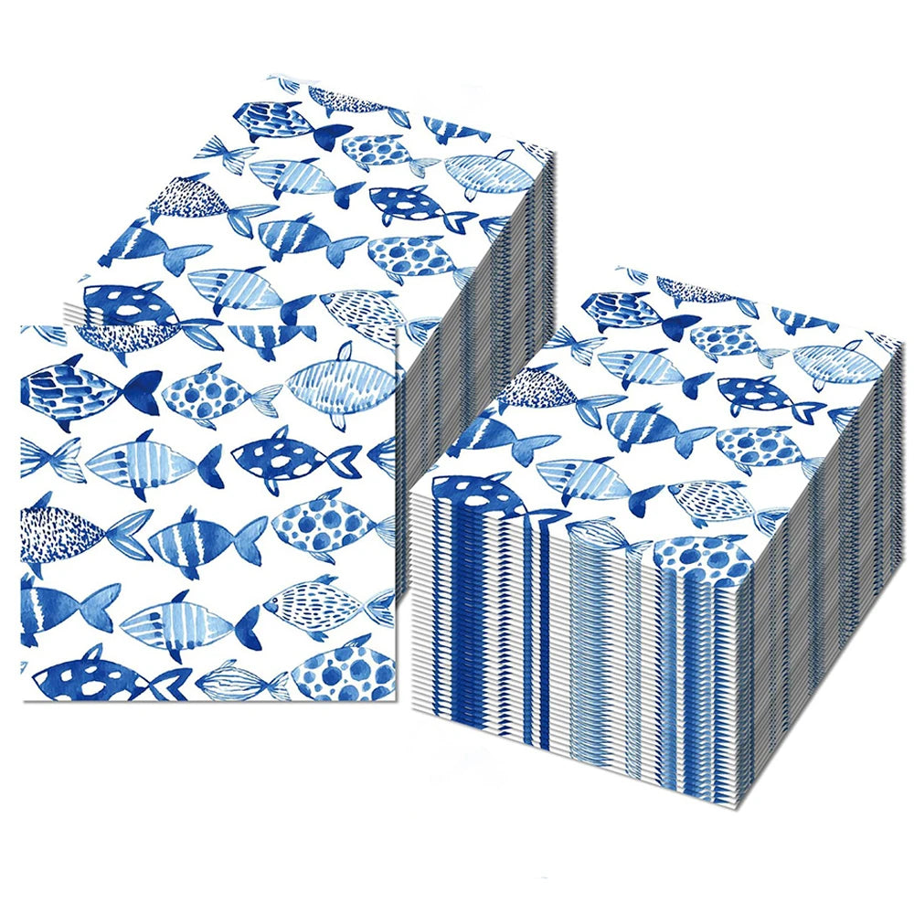 serviettes papier poissons stylisés fête enfant moderne océan blanc bleu anniversaire décors restaurant
