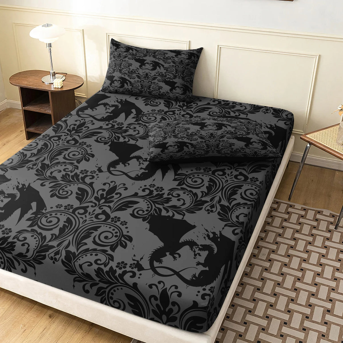 draps plats taies oreillers motif dragons noir classique imprimé gothique lit
