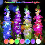 décoration extérieure fleurs lumineuses solaires jaune bleu rose violet piquet métallique moderne festive jardin
