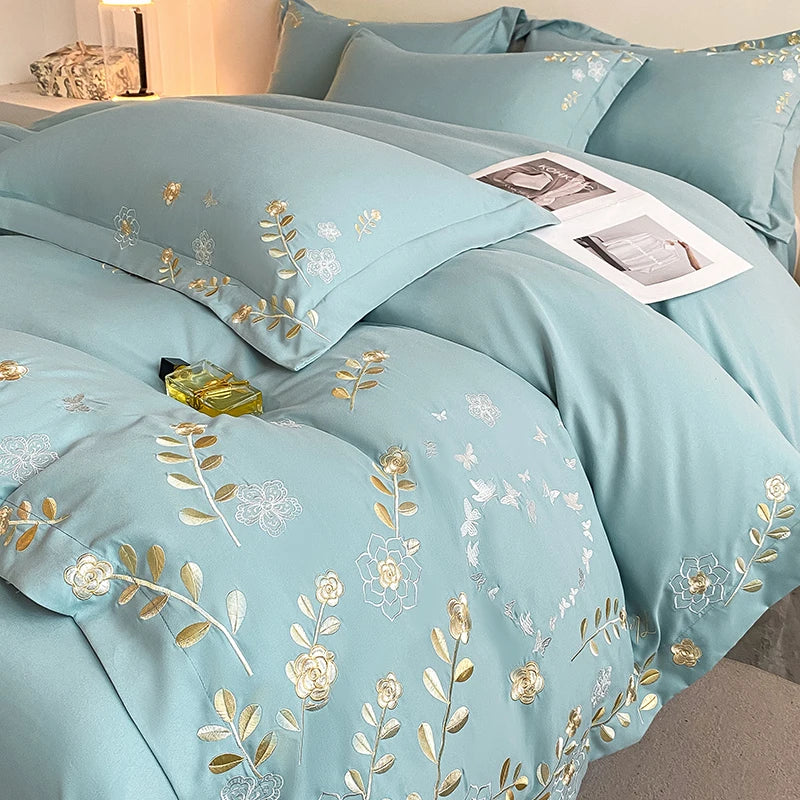 ensemble literie classique broderie florale dorée 100% coton bleu clair rose pâle gris clair