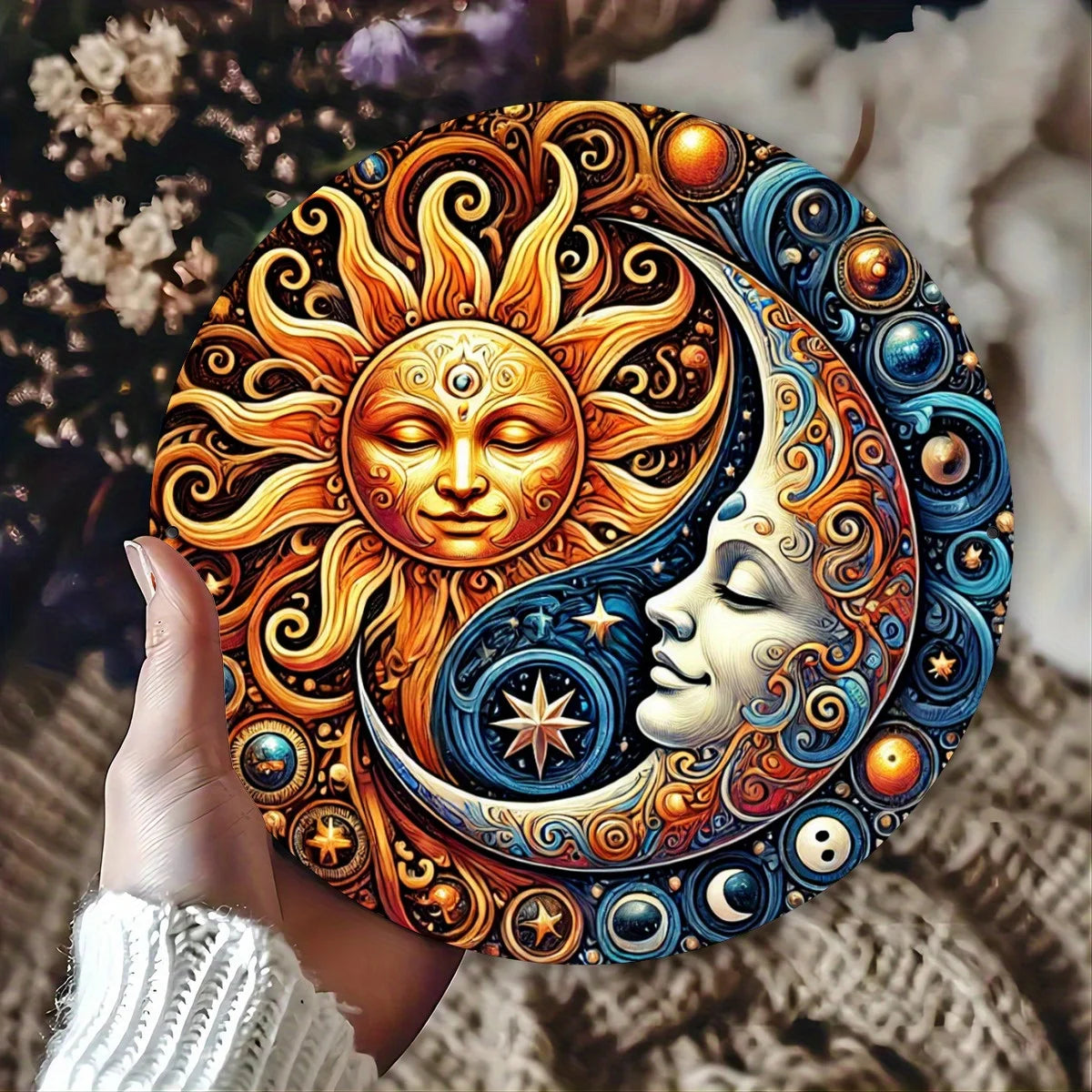 décoration murale ronde or soleil lune motifs floraux spirituel mandala 20cm