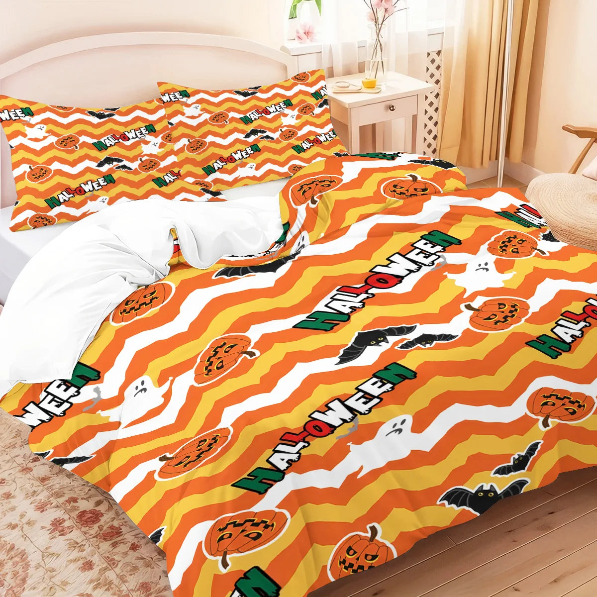 housse couette citrouille halloween rayures ondulées orange blanc noir double king queen