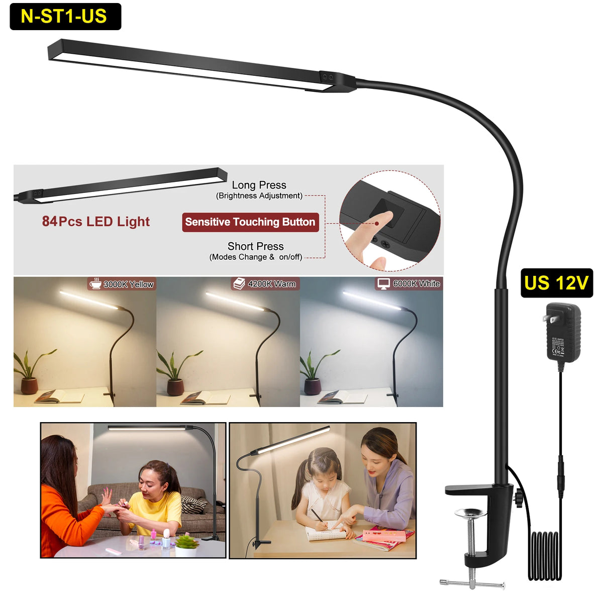 lampe led noir moderne 360 clip tactile 12v 12w adaptateurs us eu