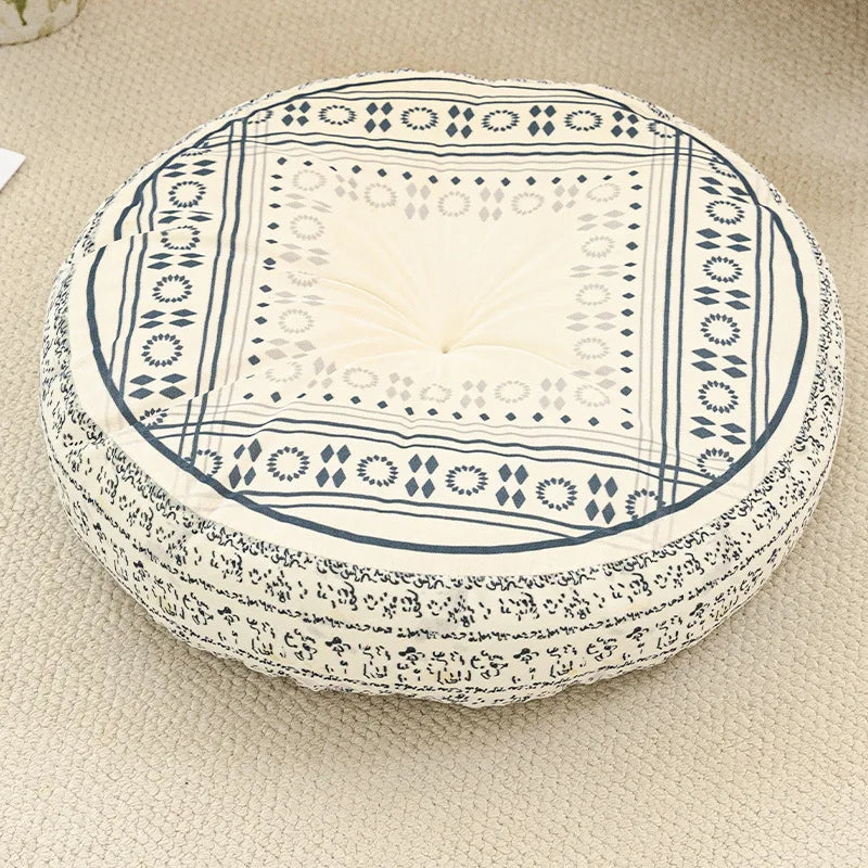 coussin rond boho chic motifs floraux géométriques antidérapant polyester blanc bleu