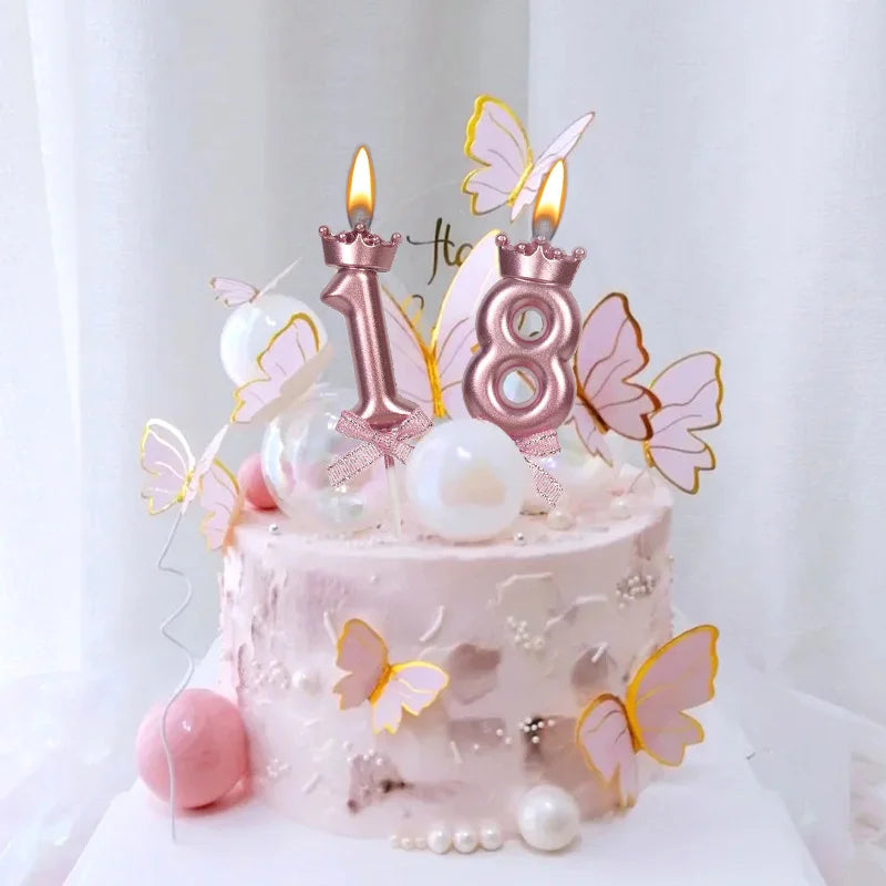 bougies chiffres anniversaire rose glitter couronne piquées decoration festive gâteau