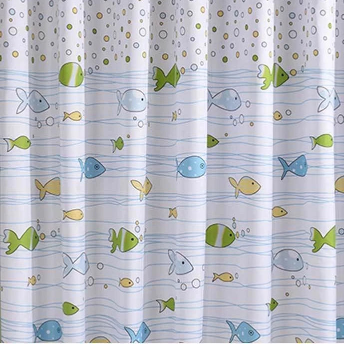 rideau douche poissons pois bleu clair vert jaune moderne enfant ondulé opacité anneaux