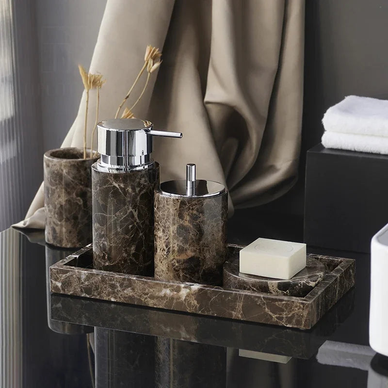 ensemble salle bain marbre distributeur savon porte savon diffuseur huiles essentielles noir doré