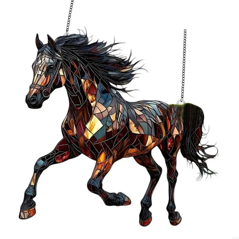 décoration suspendue chevaux verre coloré bleu turquoise or marron rouge feuille métal 20cm