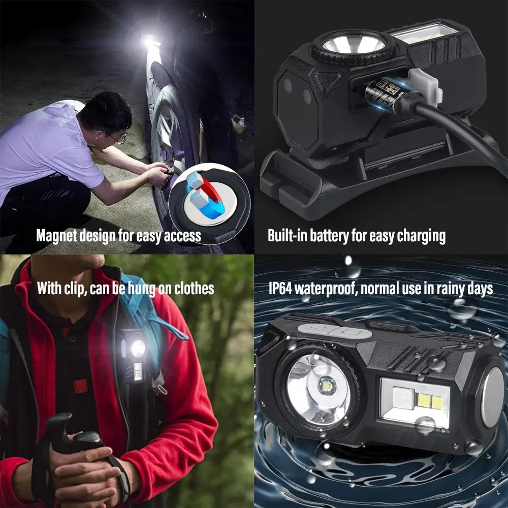 lampe frontale led rechargeable clip aimant bandes elastics couleurs multiples utilitaire camping fishing