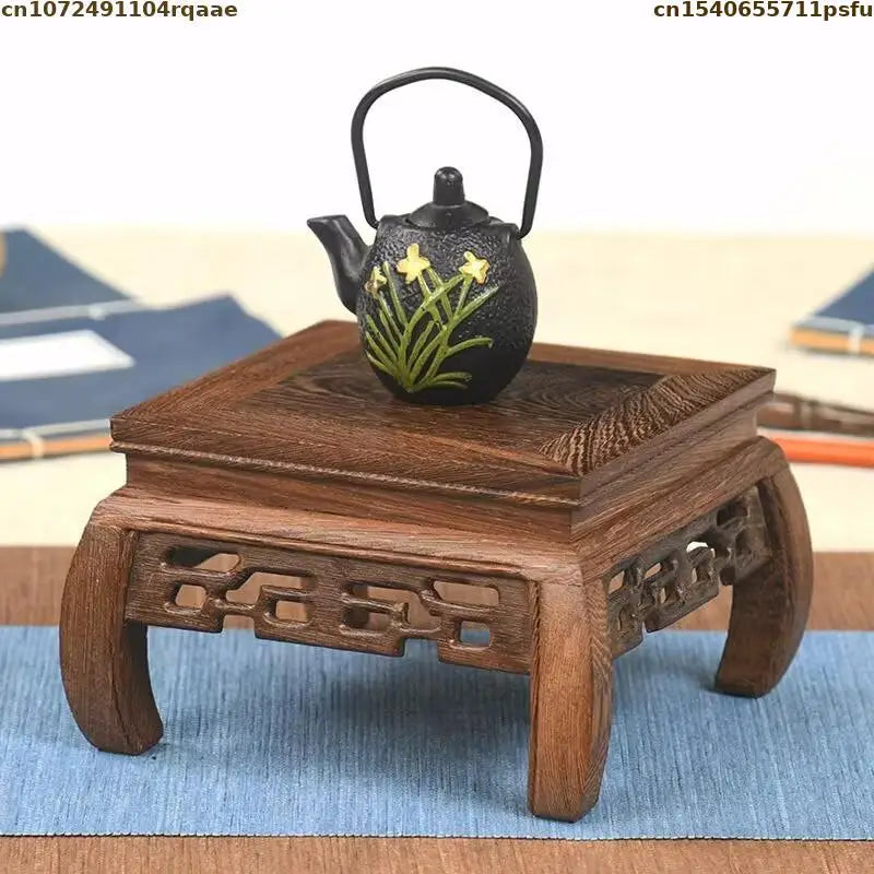 support bois sculpté marron artisanat traditionnel figurines pot fleurs vintage display stand tréfonds mosaïque
