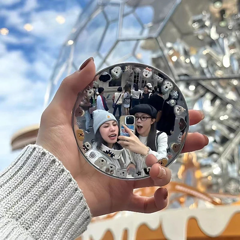miroir rond argenté motifs visages mignons moderne selfie maquillage haute définition portable adhésif couple