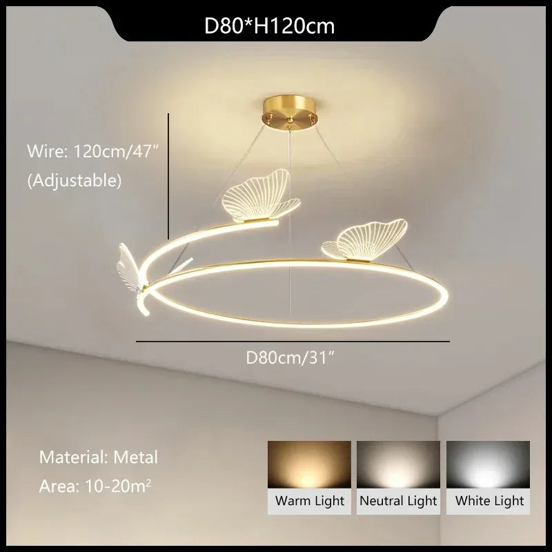 suspension lumineuse papillons blanc doré moderne minimaliste led chambre salonhôtel
