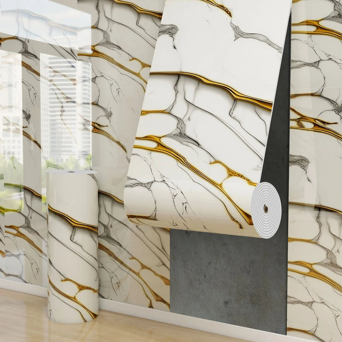 papier peint autoadhésif marbre moderne veines dorées résistant l'eau blanc gris or chambre cuisine