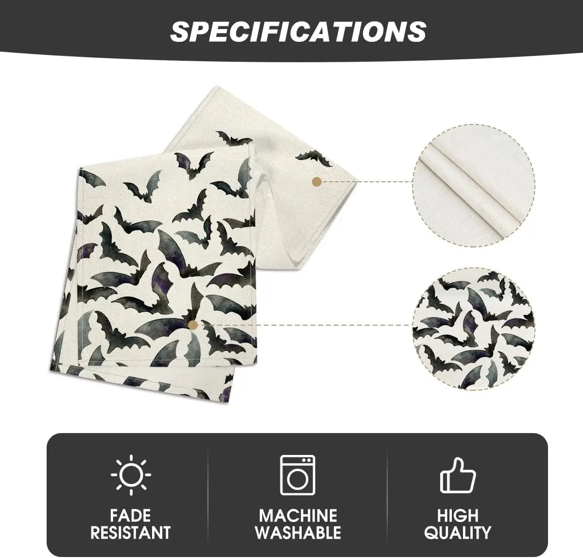 Ensemble de spécifications d'un sac en toile avec un motif effrayant de chauve-souris noires, résistant à la décoloration, lavable en machine et de haute qualité.